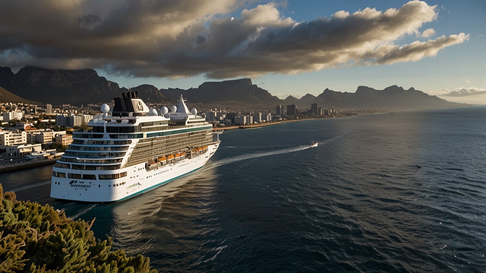A stunning 176-meter luxury cruise ship, Odyssey Horizon, arriving at Cape Town harbor with Table Mountain in the background, symbolizing South Africa's innovative sustainable tourism revival on December 15, 2025.