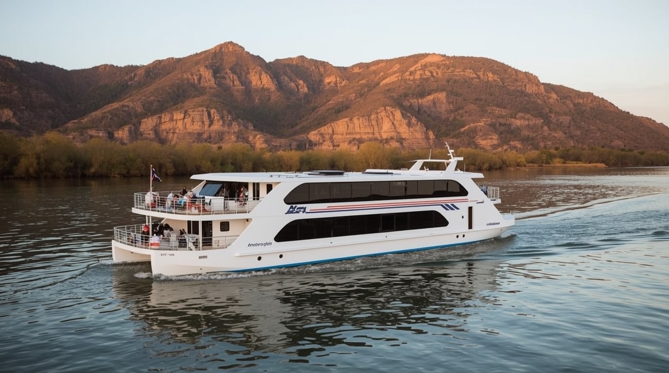 The sleek, modern riverboat American Eagle glides smoothly along the scenic Arkansas River at sunrise, framed by golden Ozark bluffs and autumn foliage, with the Tulsa skyline faintly visible in the distance and the U.S. flag flying proudly from the stern.