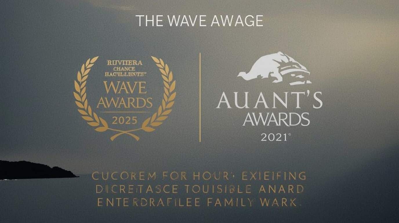 Elegant trophy presentation at the 2025 Wave Awards ceremony, featuring winners from Riviera Travel, Cunard, and Viking amid glittering ocean cruise ships and luxury river vessels.