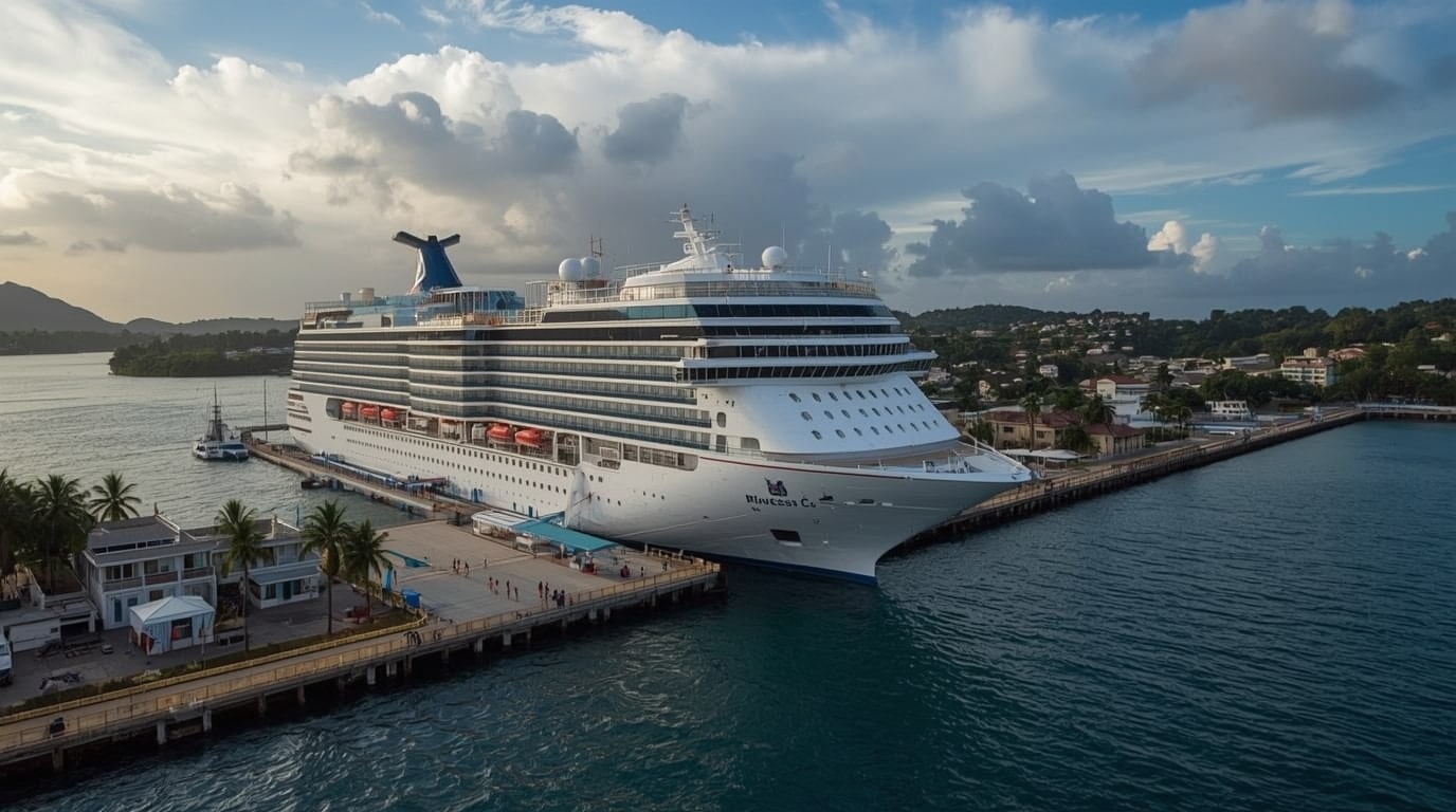Princess Cruises’ Caribbean Princess docked at the newly rebuilt Falmouth Jamaica cruise port with turquoise waters, smiling passengers on deck, and Jamaican steel drums welcoming the ship after Hurricane Beryl recovery.