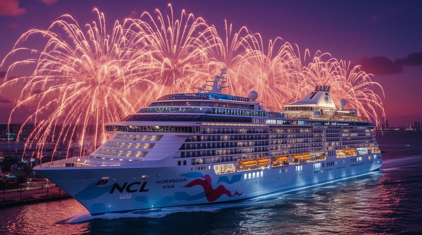 Fireworks explode over PortMiami as Kelly Clarkson christens Norwegian Viva, NCL’s newest mega-ship featuring a three-level racetrack, Infinity Beach, and massive family thrill zones.