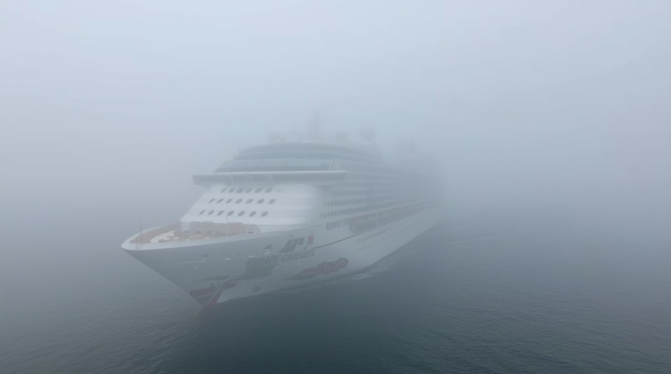 Thick fog envelops Tampa Bay harbor as three Royal Caribbean cruise ships—Rhapsody, Enchantment, and Grandeur of the Seas—anchor offshore, delaying returns from Caribbean voyages amid zero visibility.