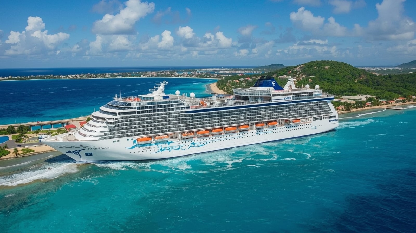 Royal Caribbean cruise ship arriving at rare Port Samaná in Dominican Republic, featuring lush jungles and beaches amid 2027 itinerary updates for first-ever access