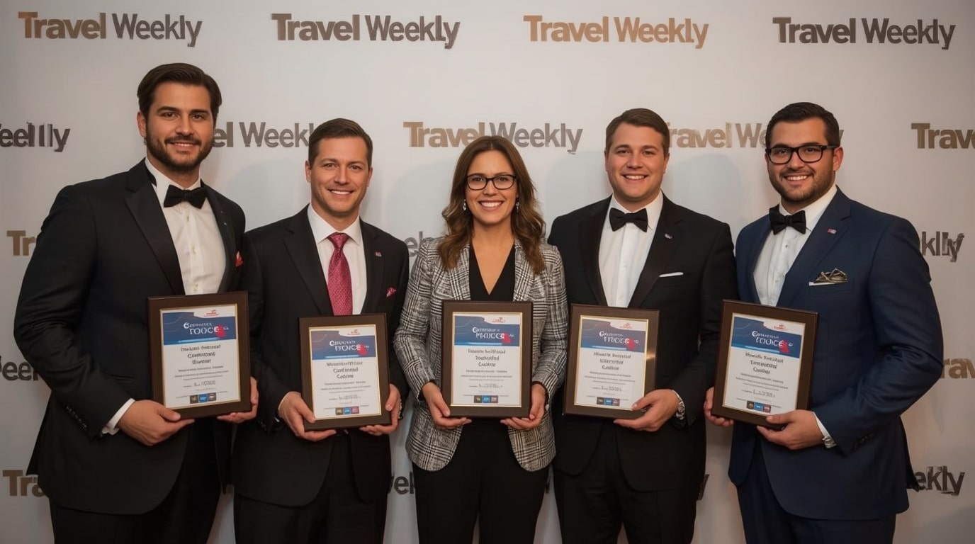 Carnival Cruise Line executives proudly accepting multiple awards at the 2025 Travel Weekly Readers' Choice Awards, celebrating victories as Best Domestic Cruise Line and more in the cruise industry.