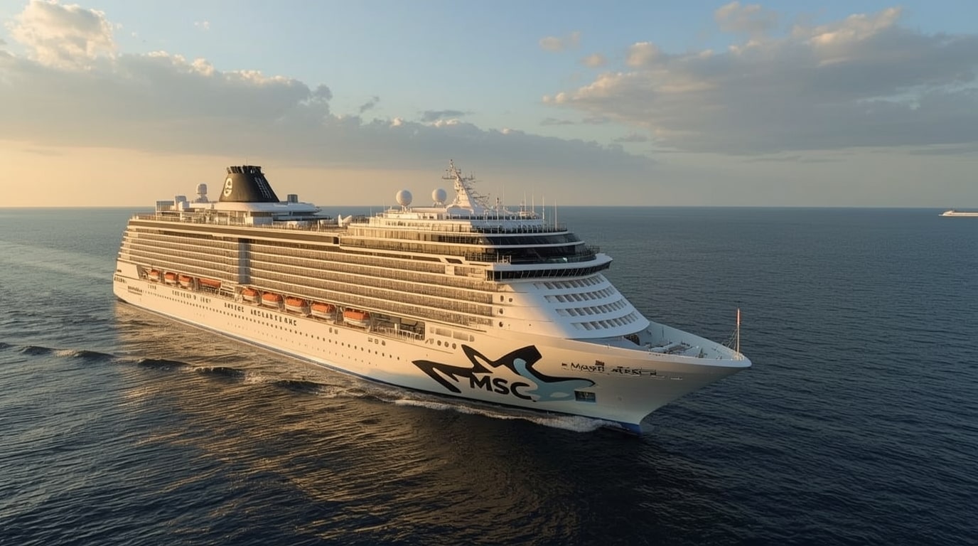 Modern MSC World Atlantic cruise ship sailing in Caribbean waters, representing MSC Cruises' 2026 fleet expansion and booming travel demand