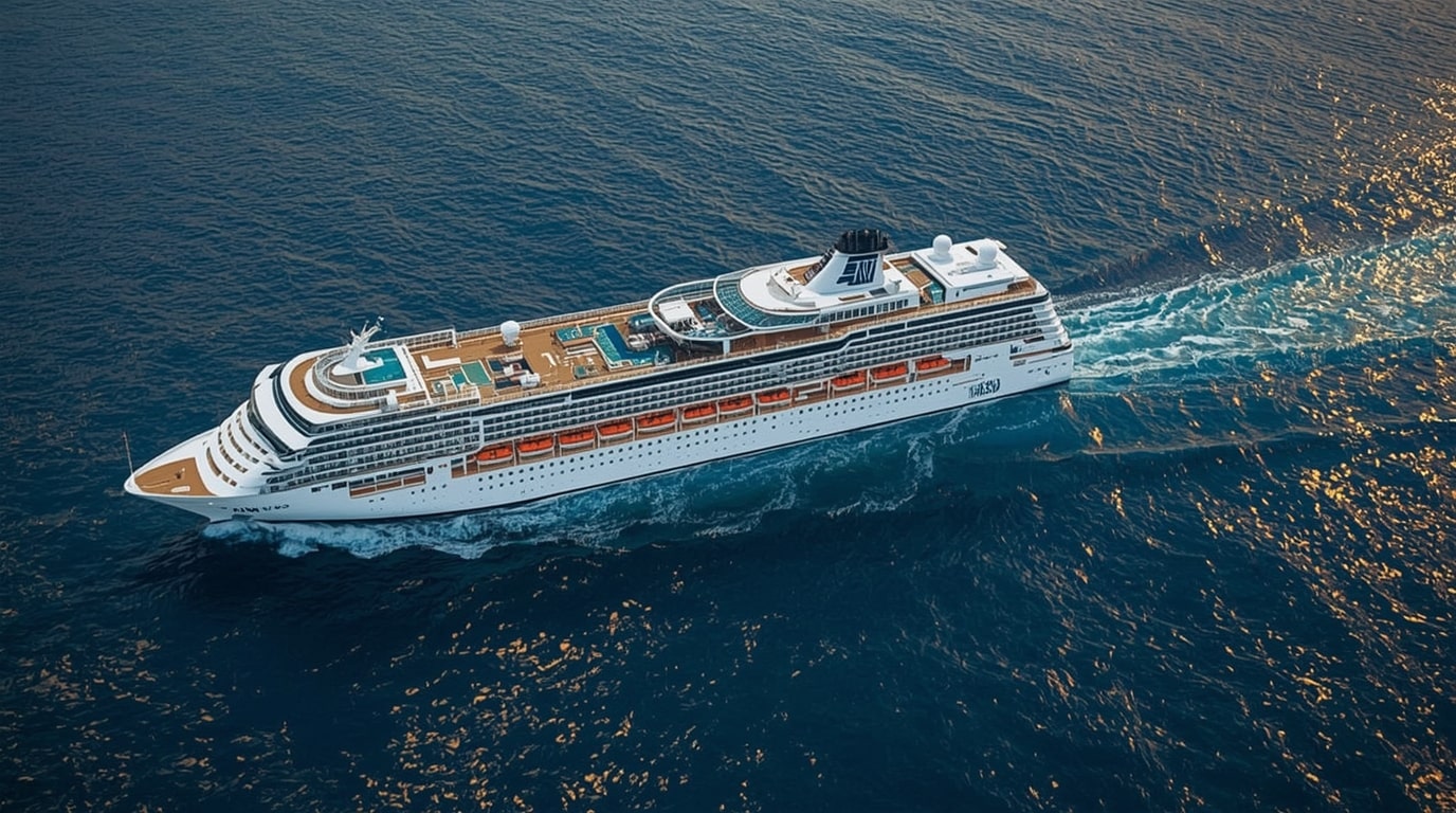 Large MSC Magnifica cruise ship navigating around Africa, bypassing Red Sea due to security concerns, with new 2026 ports like African coastal destinations highlighted for safer world voyages.