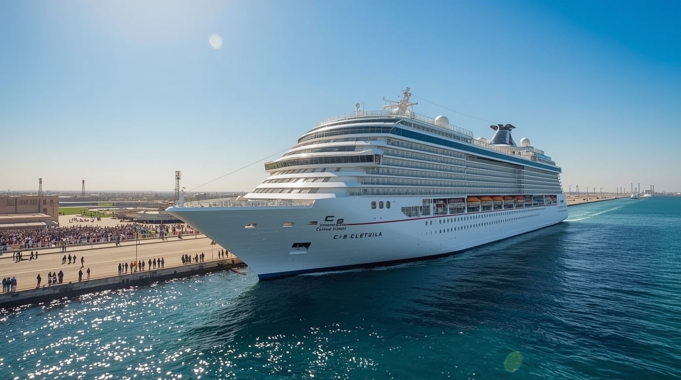 The 1,260-passenger cruise ship Celestyal Journey docked at Jeddah Islamic Port during its inaugural visit on December 6, 2025, with traditional Saudi dancers performing on the quay, fireworks in the background, and the ship decorated with welcome banners under a clear morning sky.