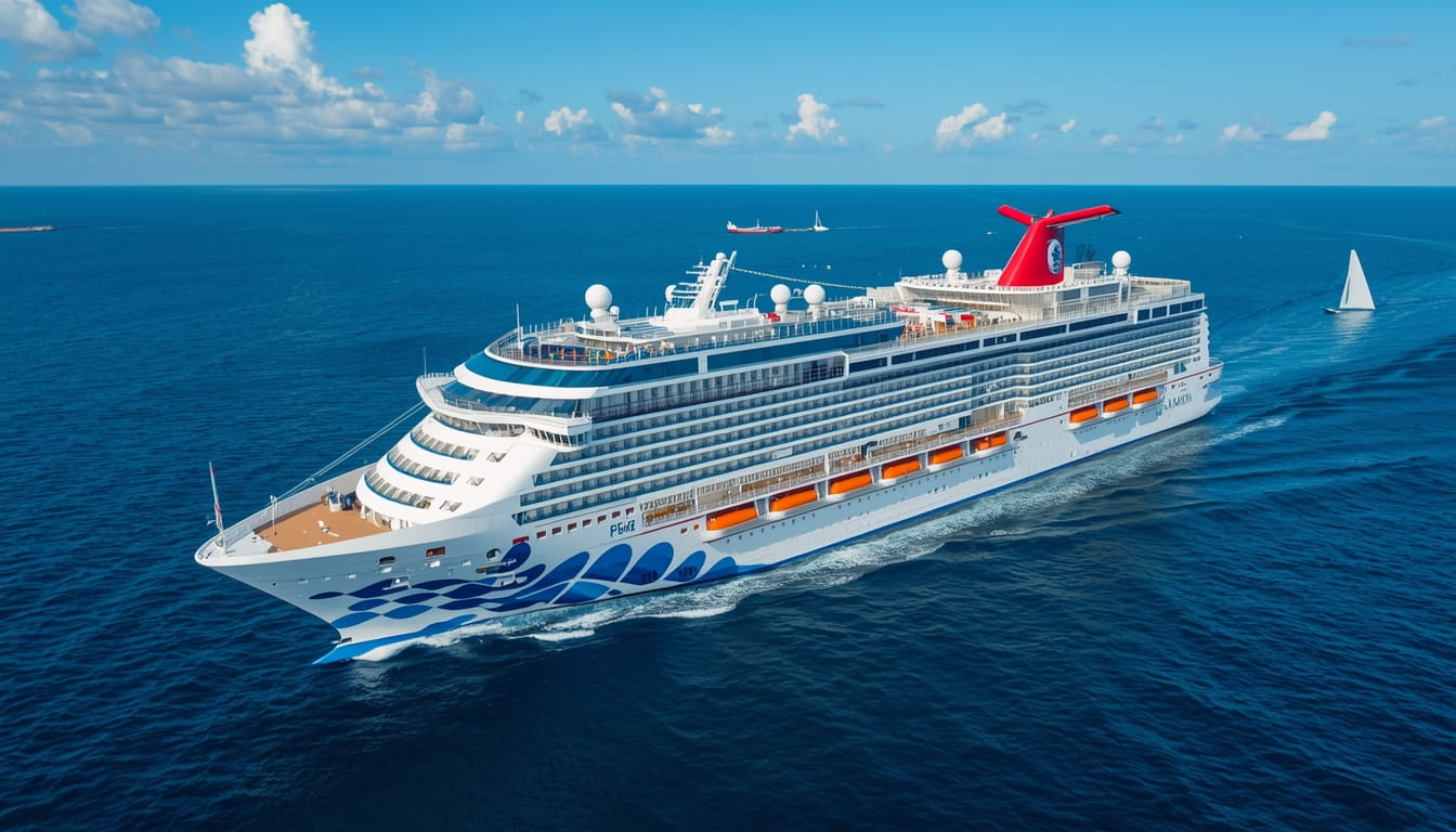 Newly refurbished Carnival Encounter cruise ship arriving at Brisbane port March 2026 showing bold new hull livery red white blue Cloud 9 Spa upgrades and revitalized pools for Australian cruises
