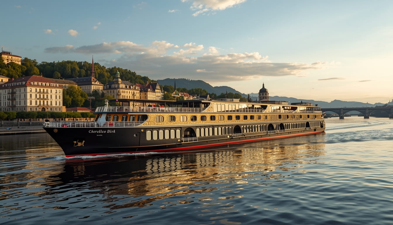 Uniworld S.S. Emilie luxury river cruise ship at 2026 launch, featuring bold Art Nouveau design inspired by Gustav Klimt on the Danube